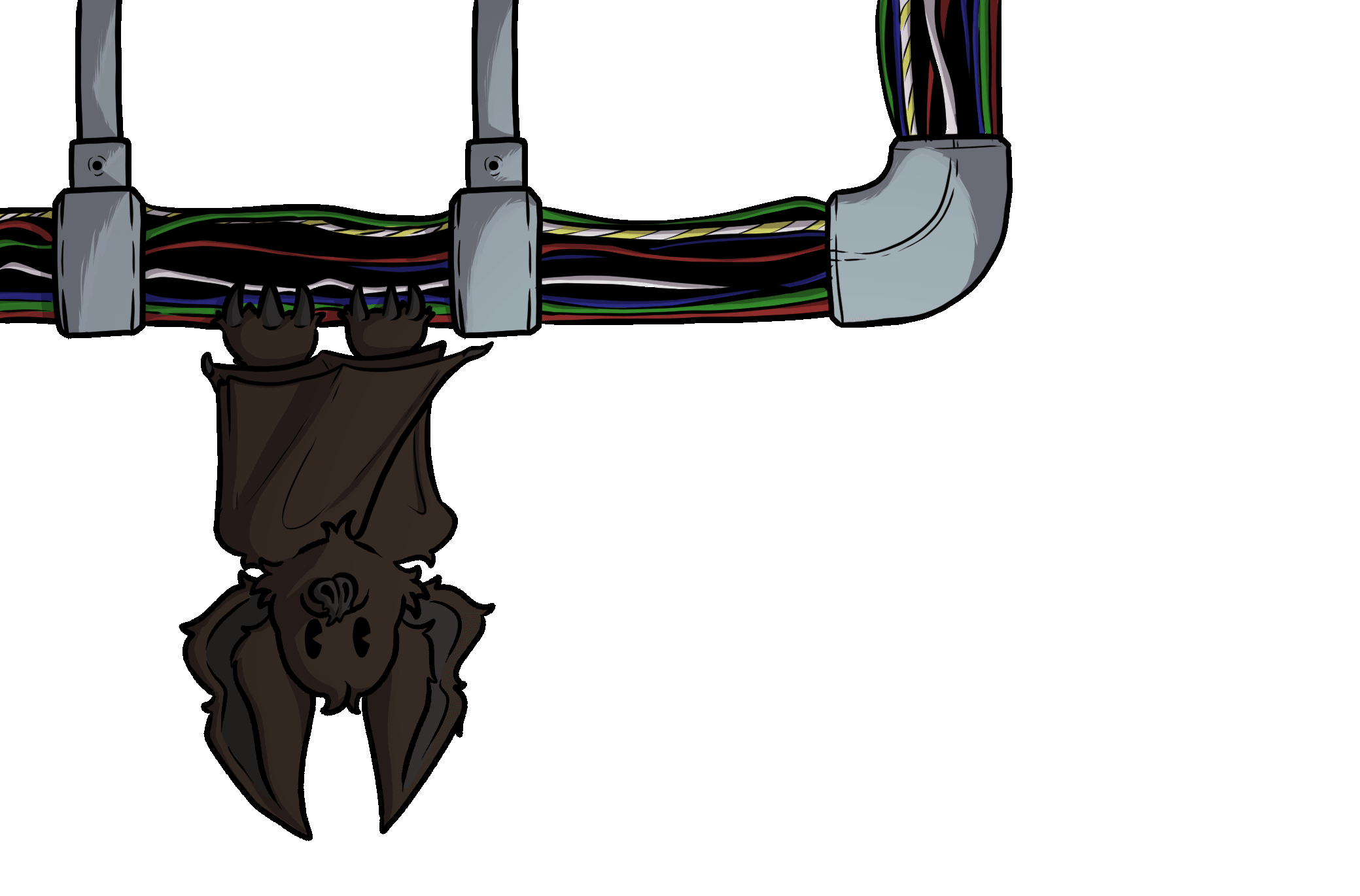 Hi, I'm a bat hanging in the top left from some random wires. Just below me is the navigation menu. 